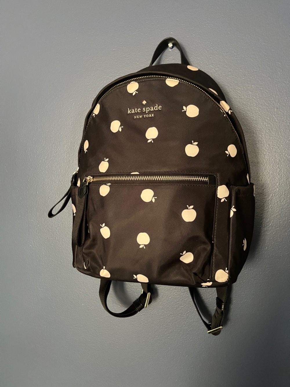 kate spade Black Mini Backpack with Cream Apple Motif